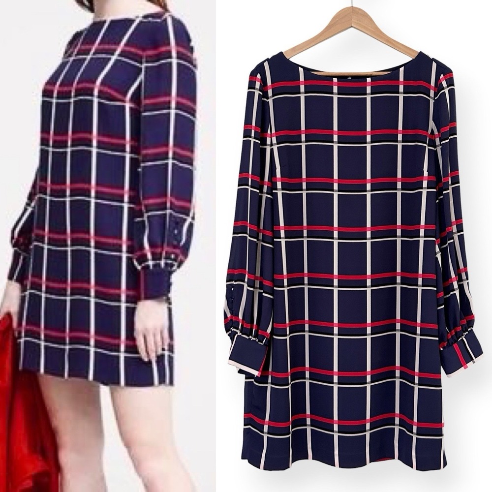 Banana Republic Women's Size 14 Navy Plaid Print Long Sleeve Shift Dress NWT
